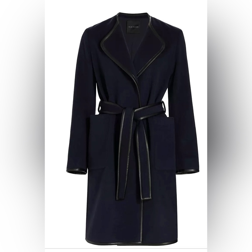 Elie Tahari Faux Leather-Trimmed Cashmere Wool Blend Wrap Coat Navy XL Womens